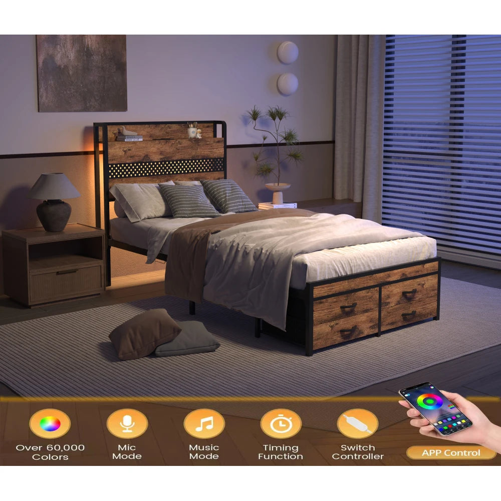 Twin Bed Frames with Headboard, Twin Size Bed Frames with Storage Drawers, Twin Bed, Black Metal Platform Bed Frame, Single Bed
