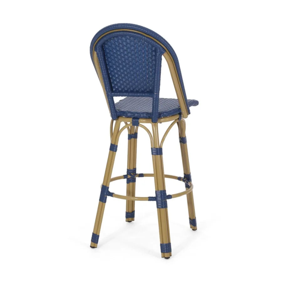 29.5 Outdoor PE Rattan and Aluminum French Barstools Set of 2 Navy Blue and Bamboo Finish