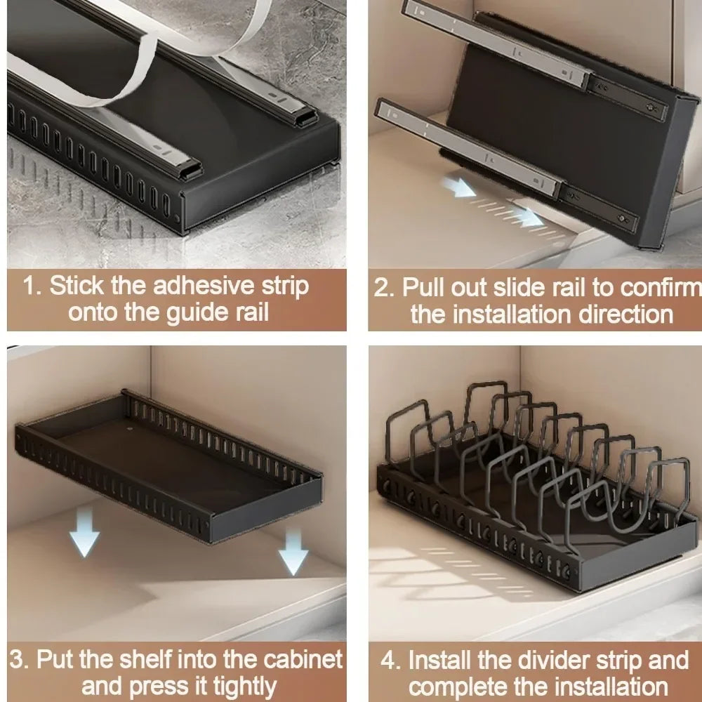 1Pc Adjustable Pull Out Pot Pan Rack Kitchen Cabinet Organiser, Expandable Kitchen Storage Holder for Pots Pans Lids Dishes