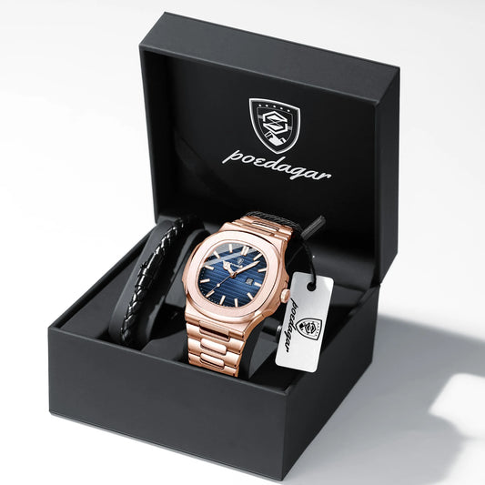 POEDAGAR Top Classic Men Wristwatch Waterproof Luminous Date Square Watch For Man Stainless Steel Sport Men's Quartz Watches+Box