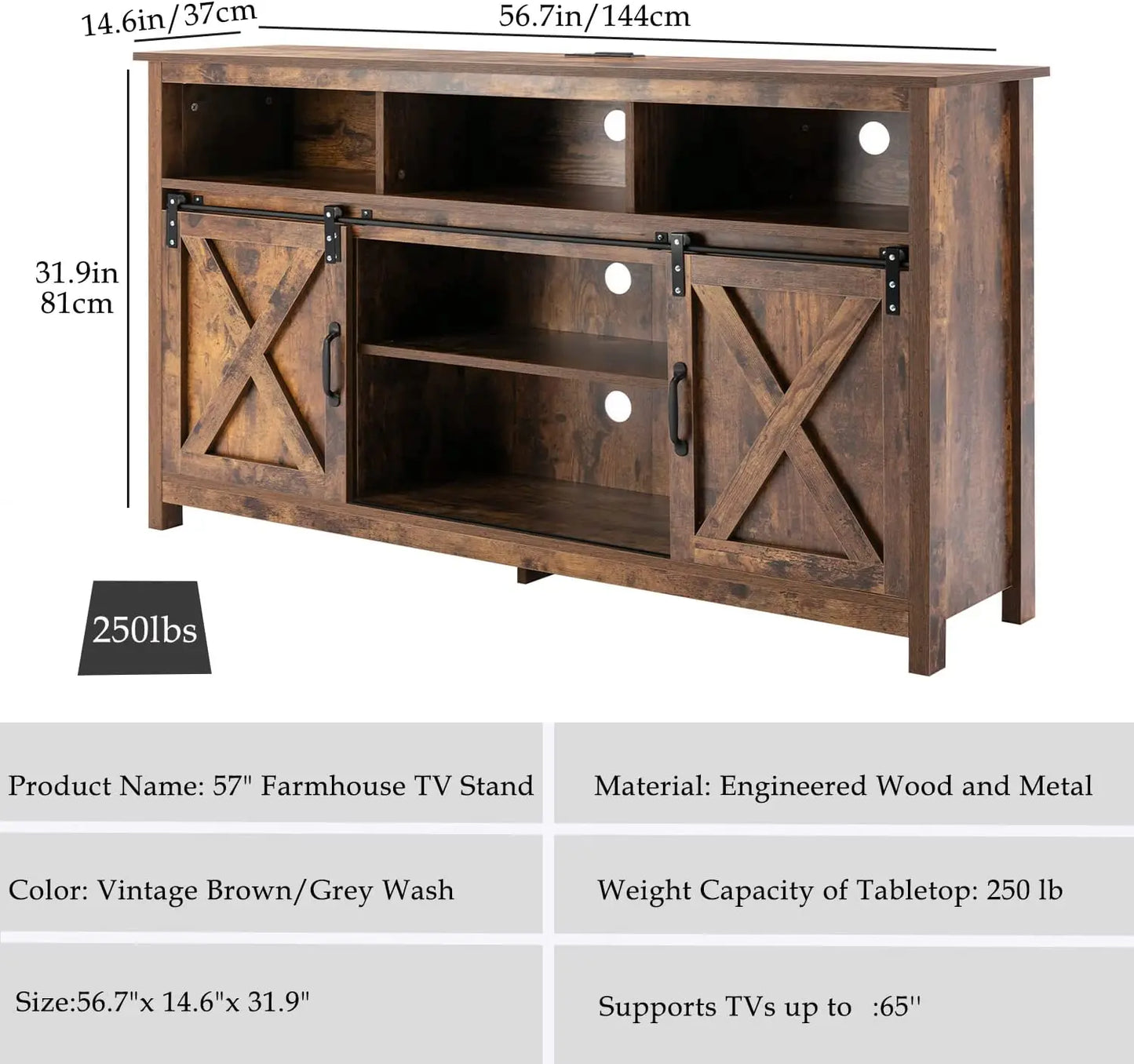 TV Stand Farmhouse Coffee Bar Cabinet Rustic Sliding Barn Door Storage Cabinet with Power Outlet & LED Light, 57" Wooden TV Cabi