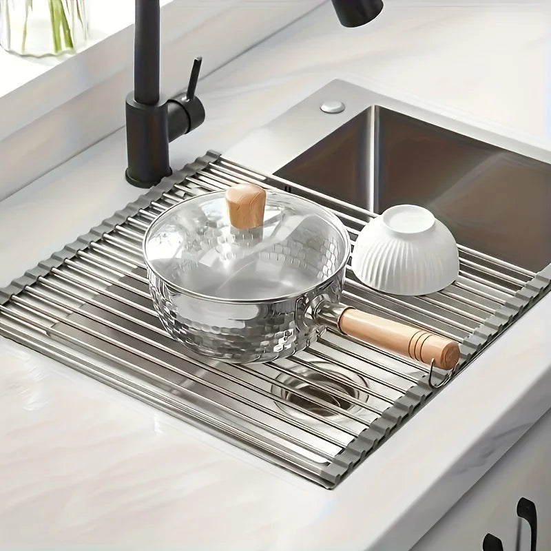 1pc Foldable Dish Drainer, Roll Up Dish Drying Rack ,Kitchen Sink Holder Organiser,Tableware Plate Storage Shelf