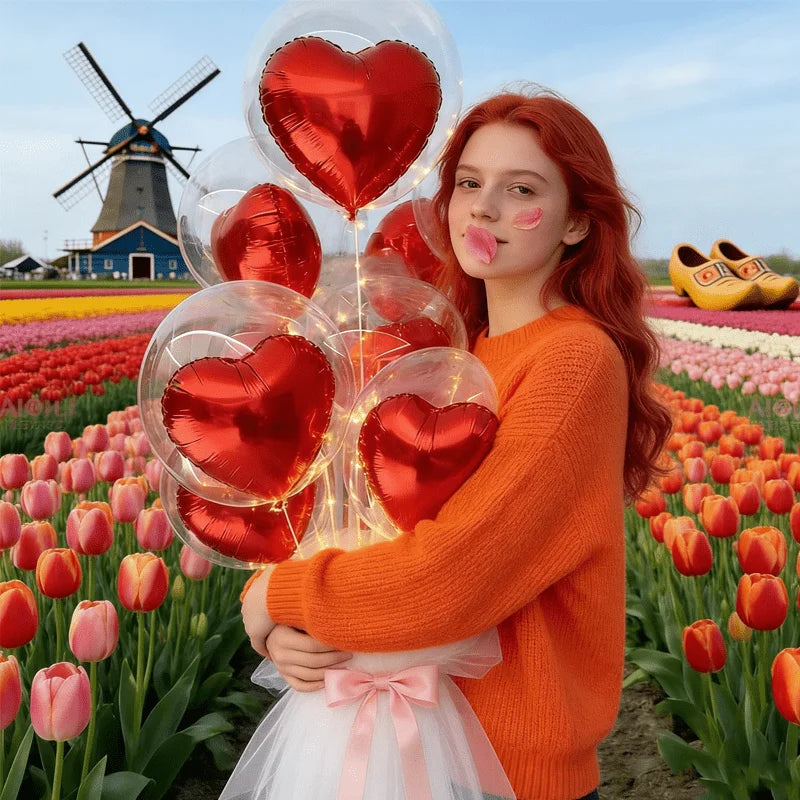 10pcs Transparent Bubble Balloon Set with Red Heart Foil Balloons Valentine's Day Birthday Wedding Party Decoration Photo Props