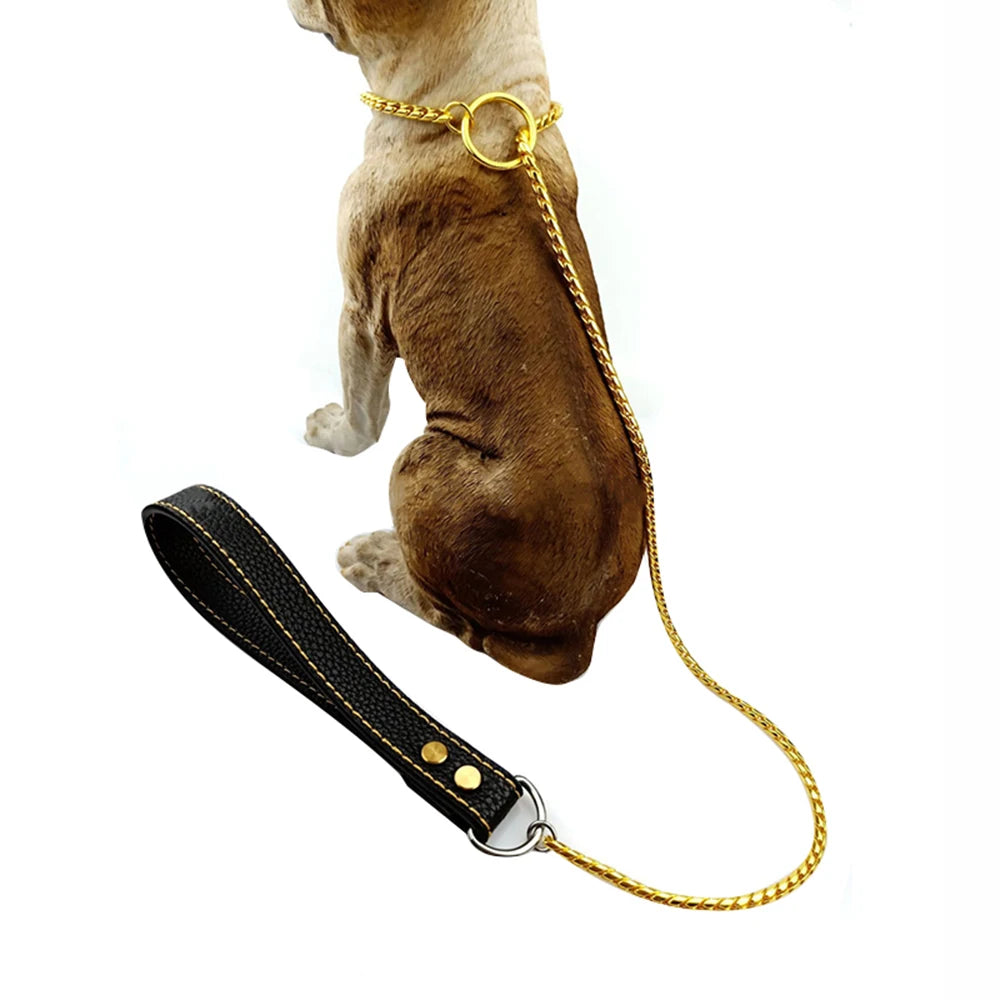 Integrated Dog Slip Chain Collar Leash 3Integrated Dog Slip Chain Collar & Leash – 304 Stainless Steel Choke Collar with Leather Handle for Training and Show04 Stainless Steel Dog Metal Choke Collar Pet Training Leash Show with Leather Handle