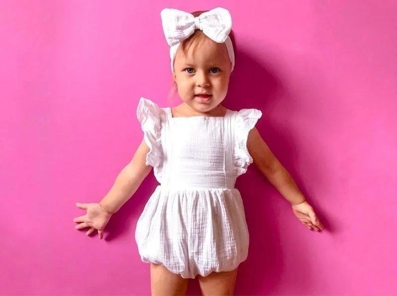 Organic Cotton Baby Girl Clothes Summer New Double Gauze Kids Ruffle Romper Jumpsuit Headband Dusty Pink Playsuit For Newborn 3M