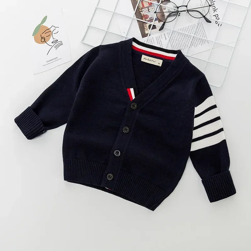 Kids Striped Knit Cardigan – Soft Cotton V-Neck Sweater for Boys & Girls, Warm Autumn Winter Knitwear