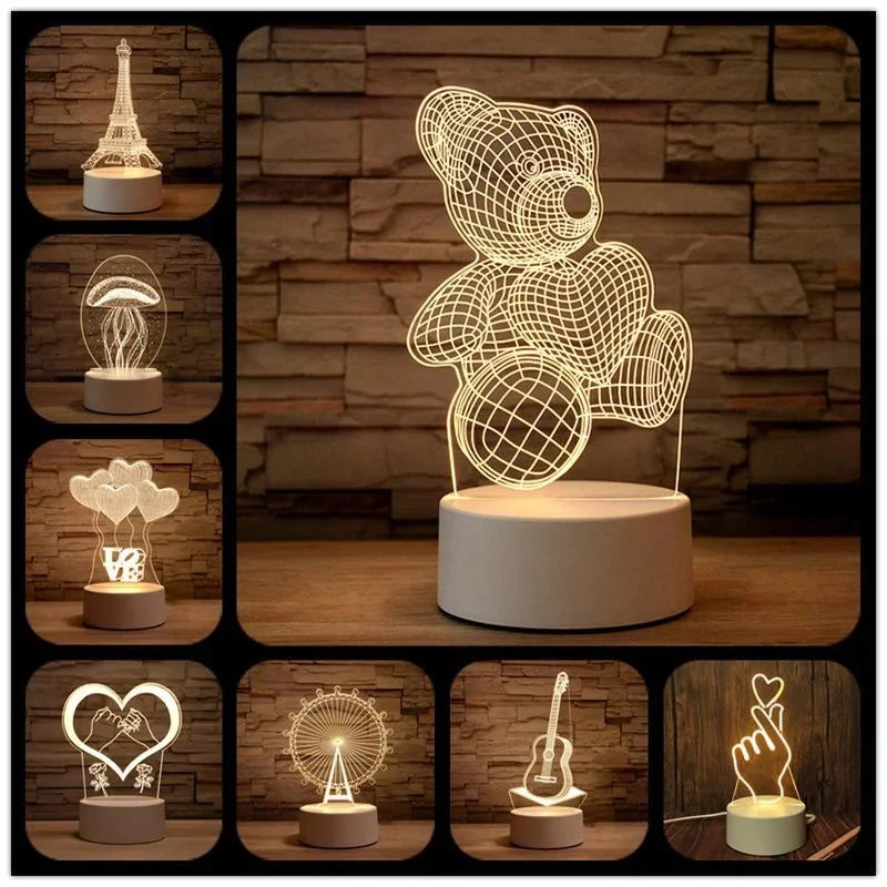 1pc USB Operated Night Light Creative 3D Acrylic Bedroom Bedside LED Table Lamp Ornaments Christmas Holiday Birthday Event Gift