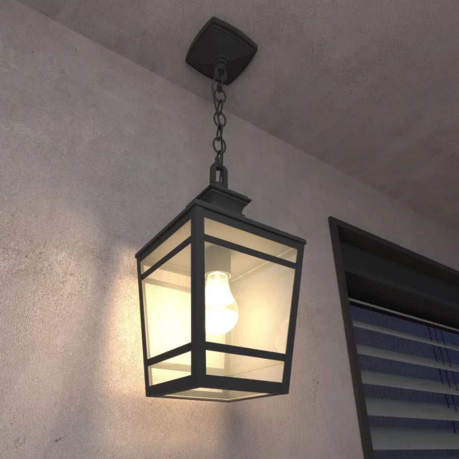 Outdoor Pendant Light E26 Socket 14.5'' Modern Exterior Hanging Light Fixture with Clear Glass Farmhouse Black Metal Outside Ch
