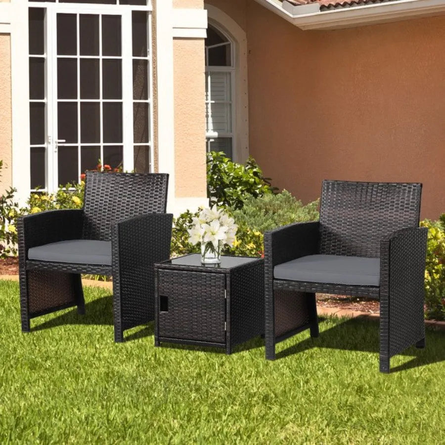 3 Pieces Patio Wicker Furniture Set with Storage Table and Protective Cover