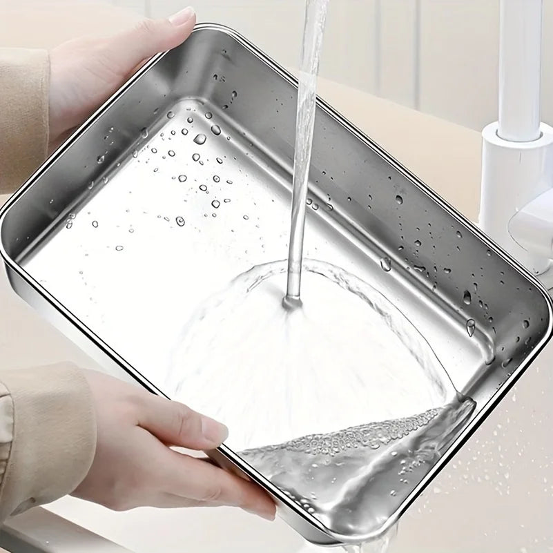 2pcs Stainless Steel Food Storage Container Rectangle Dish with Cover Noodles Fruit Tray Lunch Box Thick Refrigerator Plate