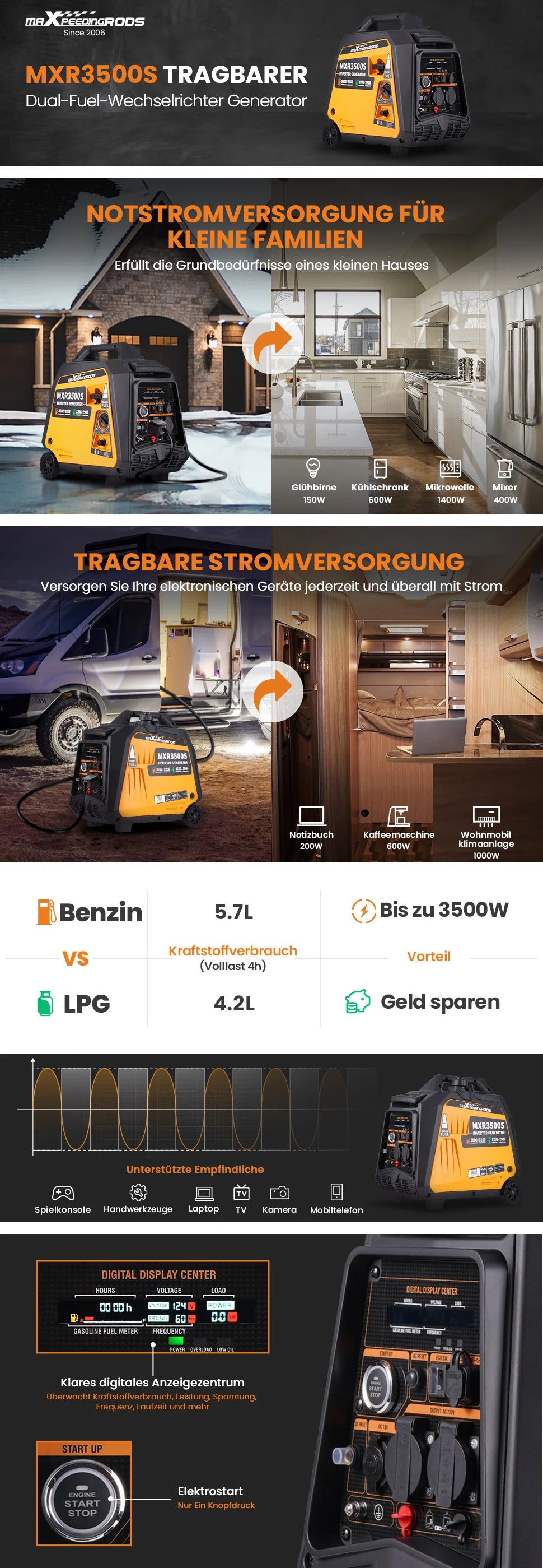 3KW LPG/Gasoline Electric Generator Inverter Camping Generators LPG/Gasoline Inverter Generators 3500W 4 Stroke Electric