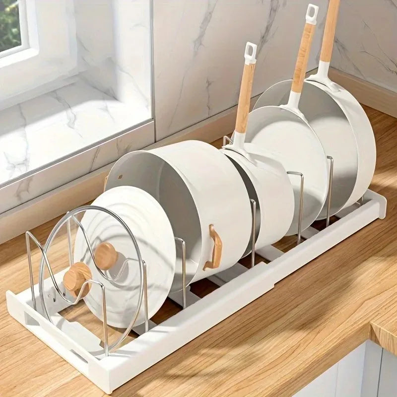 Expandable Kitchen Cabinet Pot Organiser - Adjustable Divider Rack, Multi-Use Storage Solution for Pots, Pans & Lids