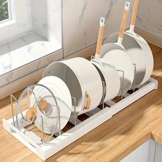 Expandable Kitchen Cabinet Pot Organiser - Adjustable Divider Rack, Multi-Use Storage Solution for Pots, Pans & Lids