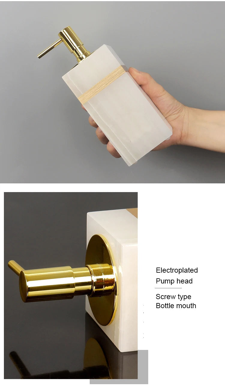 White Onyx Natural Marble Bathroom Accessories Gold Luxury Soap Dispenser Cotton Swab Holder Toothbrush Holder Bathroom Set