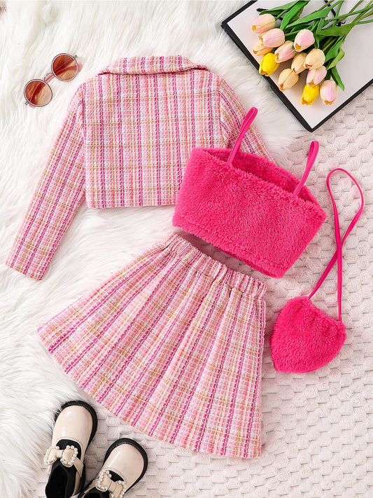 Girl's Pink Checkered 3-Piece Set Including Jacket Top Skirt & Accessories Fashionable Kids Outfit