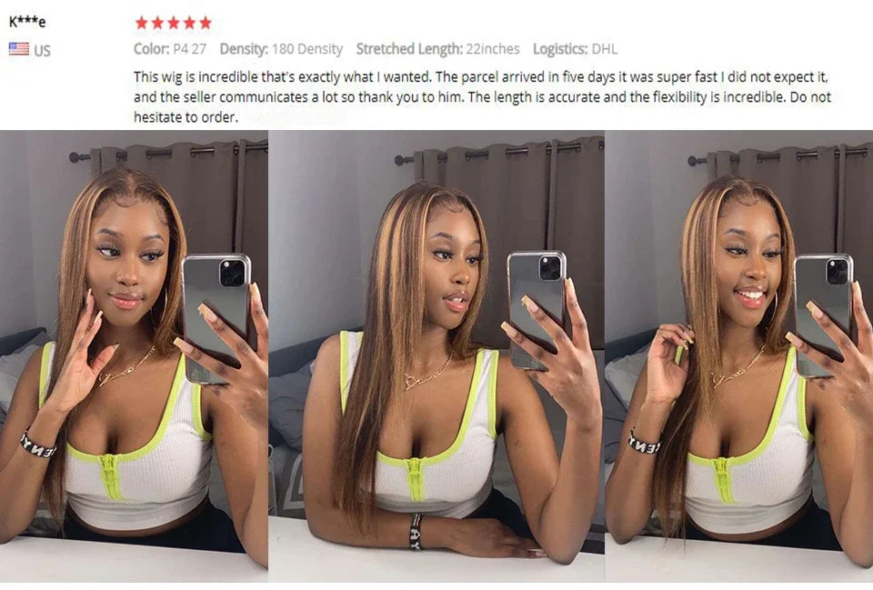 Highlight Ombre 13x6 Lace Front Wigs Human Hair Pre Plucked 200Density Straight HD Lace Frontal Wigs for Women 4/27 Honey Blonde