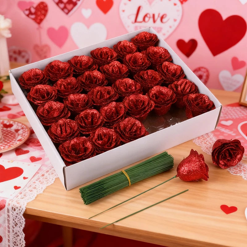 5-20Pcs Red Glitter Artificial Rose Flowers Bouquet Wedding Bridal Shower Decoration Valentines Day Gift Birthday Party Decor