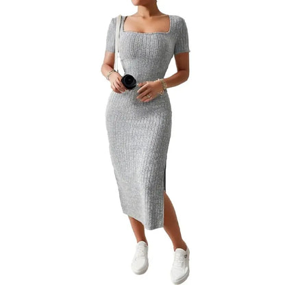 Short-Sleeved, Versatile Knitted Slit Dress