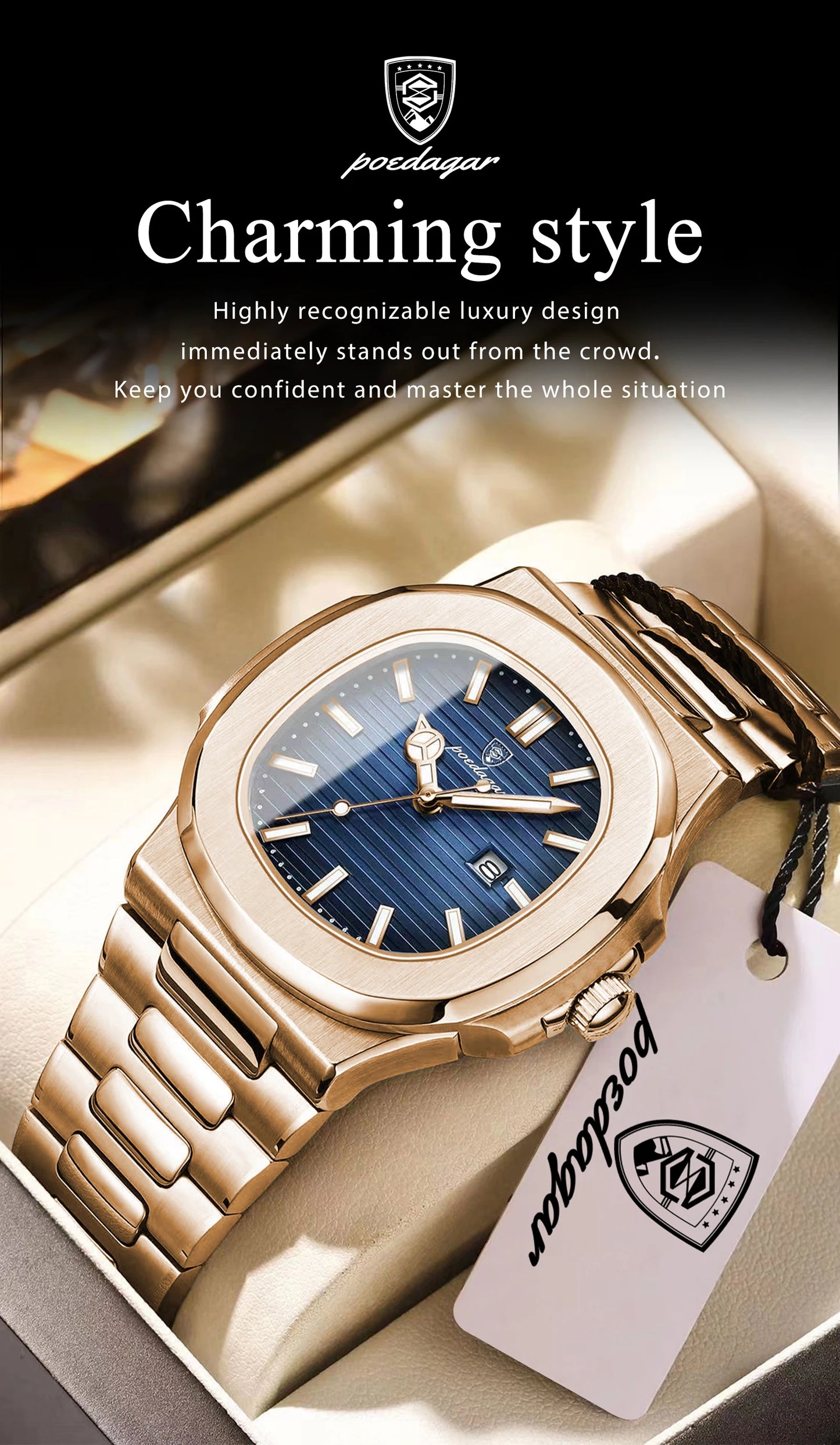 POEDAGAR Top Classic Men Wristwatch Waterproof Luminous Date Square Watch For Man Stainless Steel Sport Men's Quartz Watches+Box