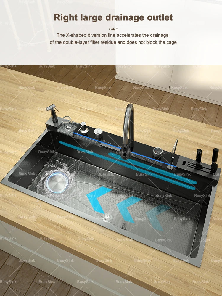 Stainless Steel Kitchen Sink With Waterfall Extra Large Single Bowl Digital Display Multifunctional Dishwashing Sinks