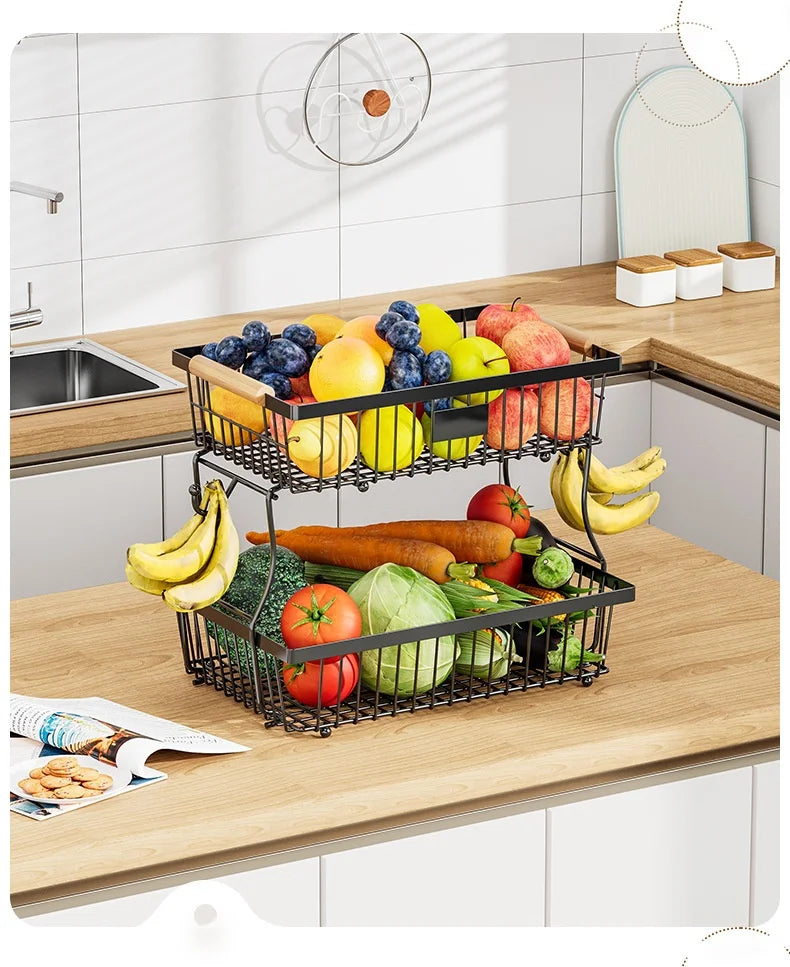33*29cm deteachable fruit vegetable kitchen storage organisation racks holders double-layer trays wood hand SS home display
