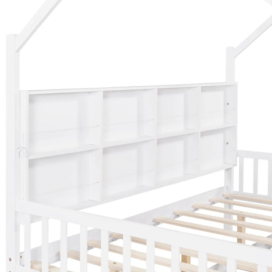 Wooden Full Size House Bed with Trundle Bed with Shelf