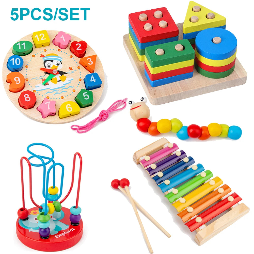 5–6pcs Montessori Wooden Toys Set – Educational Baby Development Puzzle for Boys and Girls
