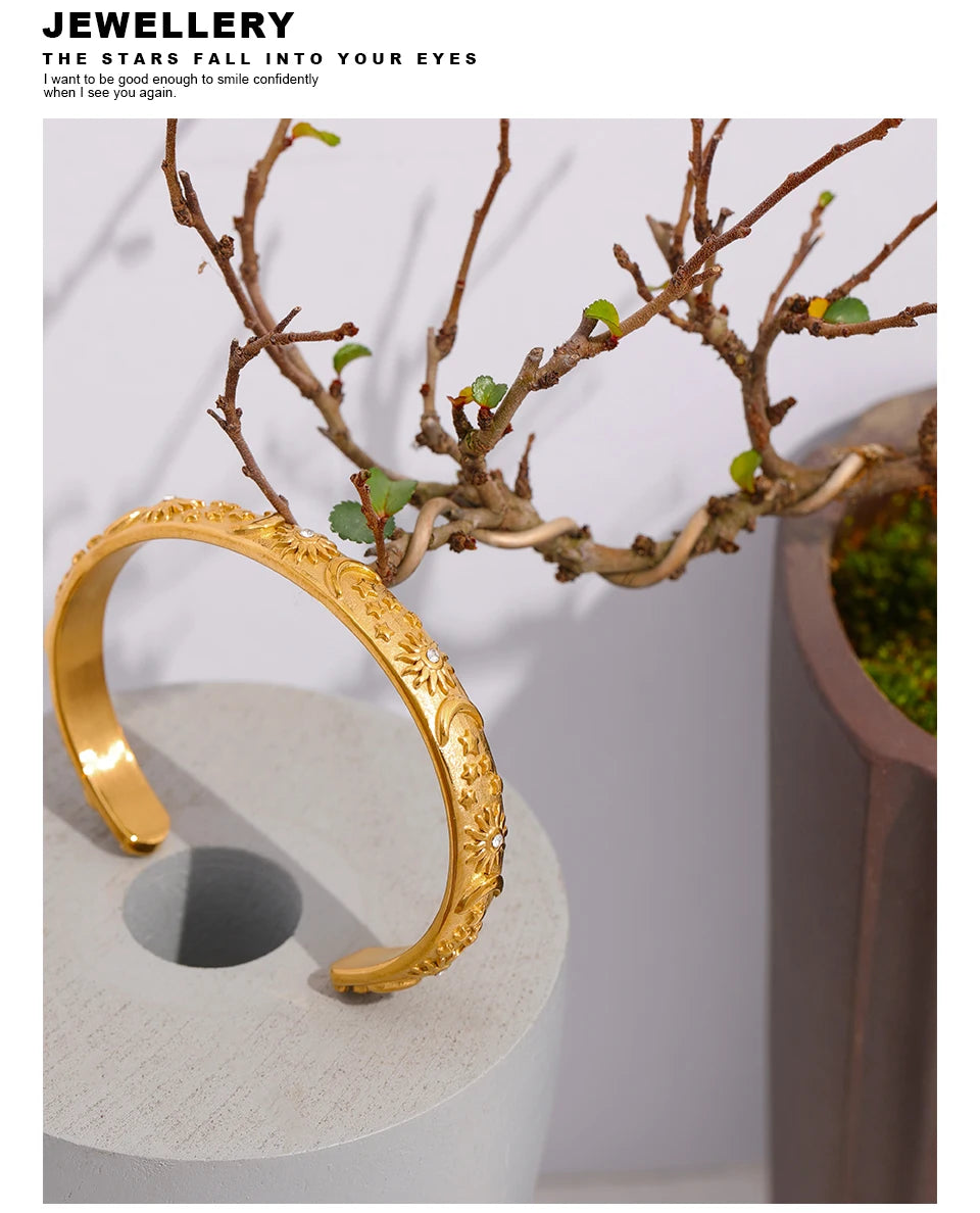 Yhpup Golden Stainless Steel Moon Star Sun Bangle Bracelet  Stylish Metal Open Wrist браслеты на руку женкие Party Gift