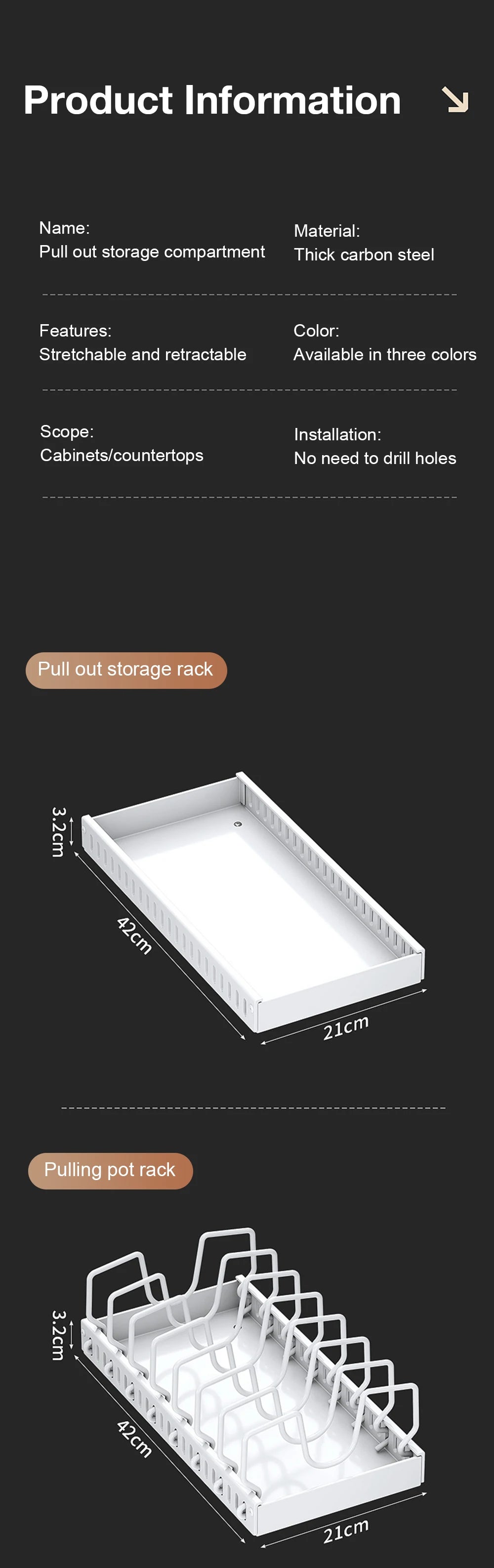 Pull out Pots and Pans Organiser Sliding Pot Lid Holder Kitchen Spice Rack