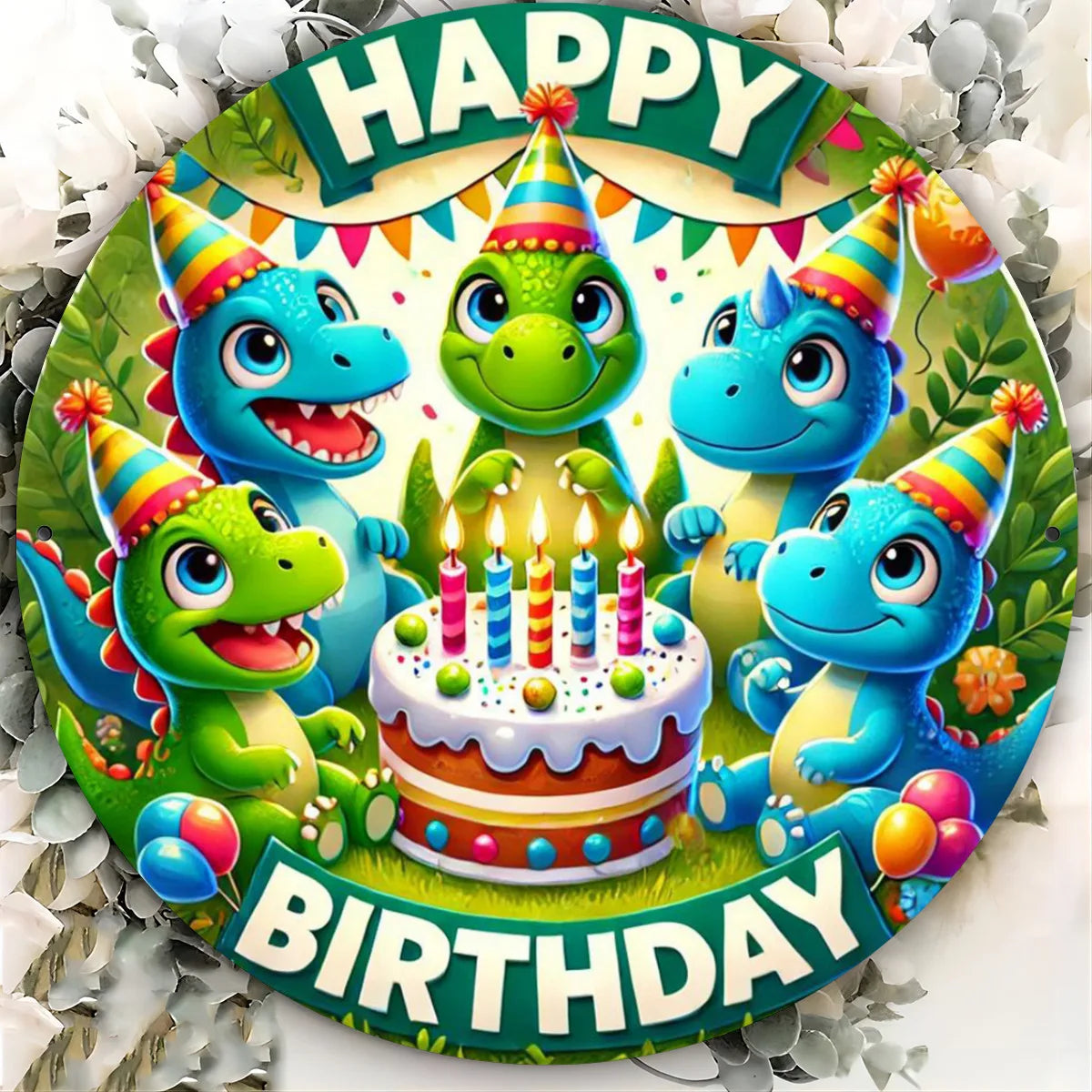 Dinosaur Birthday Wall Decor - 7.8-Inch Durable 2D Printed Metal Sign for Indoor/Outdoor Home Garden Decoration