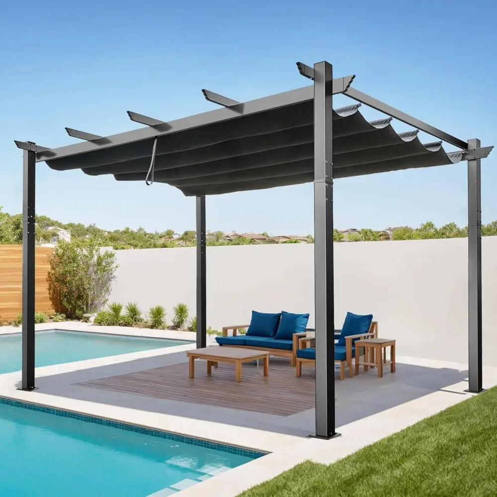 10' X 13' Outdoor Retractable Pergola with Sun Shade Canopy Patio Modern Shelter for Garden Yard Deck Grape Trellis, Grey