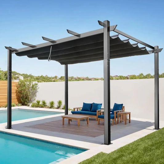 10' X 13' Outdoor Retractable Pergola with Sun Shade Canopy Patio Modern Shelter for Garden Yard Deck Grape Trellis, Grey