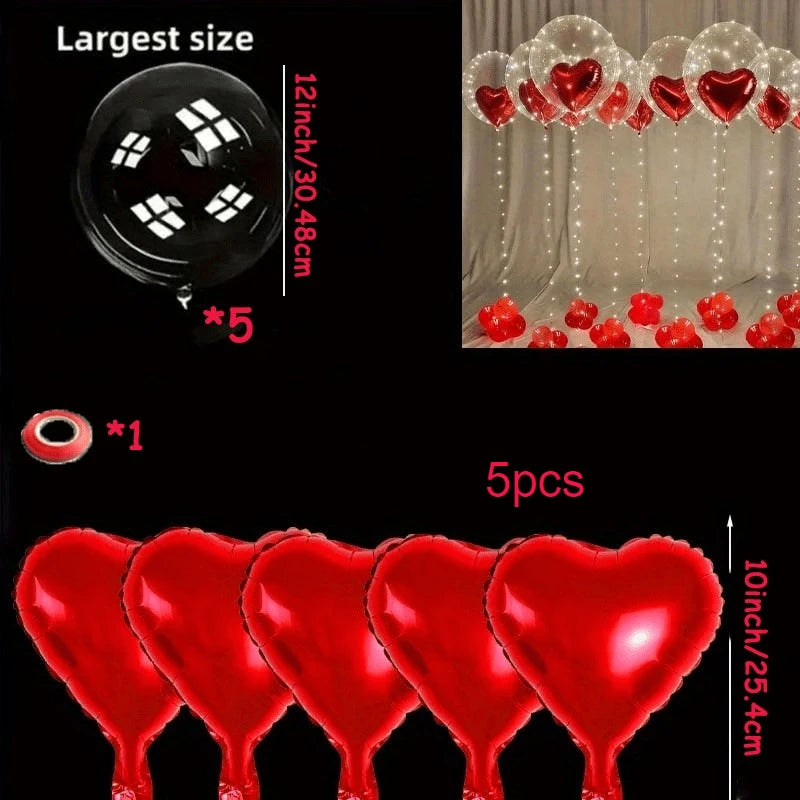 10pcs Transparent Bubble Balloon Set with Red Heart Foil Balloons Valentine's Day Birthday Wedding Party Decoration Photo Props