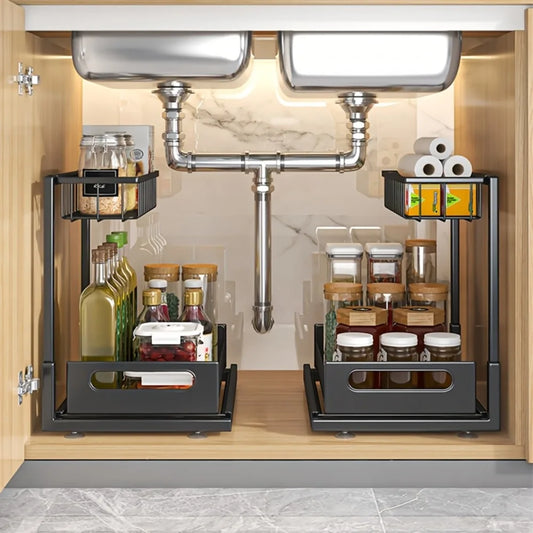 Under Sink Organisers, Metal Pull Out Under Sink Organisers,Storage Shelves with Sliding Drawer,Under Sink Storage for Kitchen