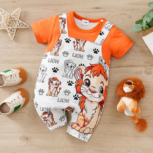 Newborn 0-18 Months Boys and Girls Baby Short-Sleeve Romper Cute Lion Print with Faux Two-Piece Design baby clothes Summer