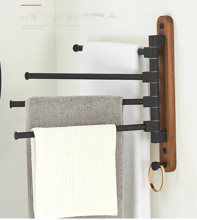 Bathroom Swivel Towel Rack, Wood & Matte Black Metal, 4-Arm Wall Mounted Towel Bar with Towel Ring, Space-Saving Towel Hanger