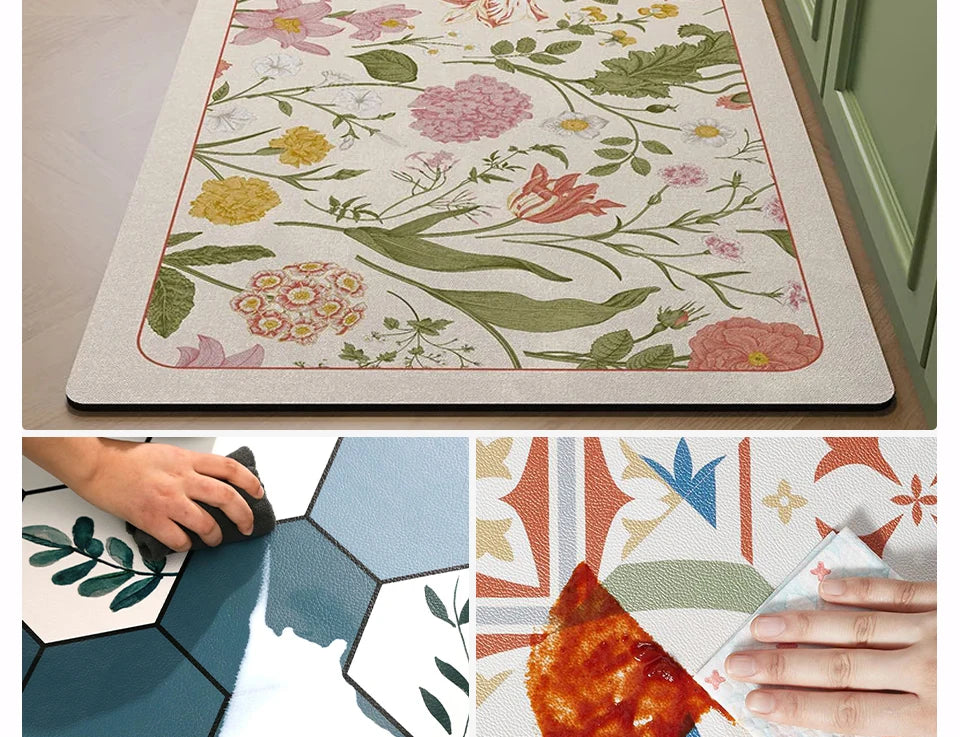 Kitchen Floor Mat Leather Pvc Carpet Waterproof Oil-proof Foot Mats Home Decoration Flower Floral Rug