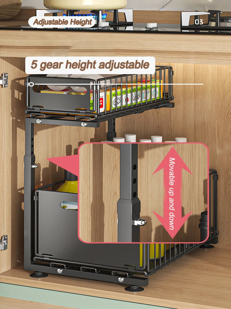 Pull-Out Under Sink Organiser, 2-Tier Adjustable Height Sliding Shelf for Kitchen/Bathroom Cabinet Storage, Black & White