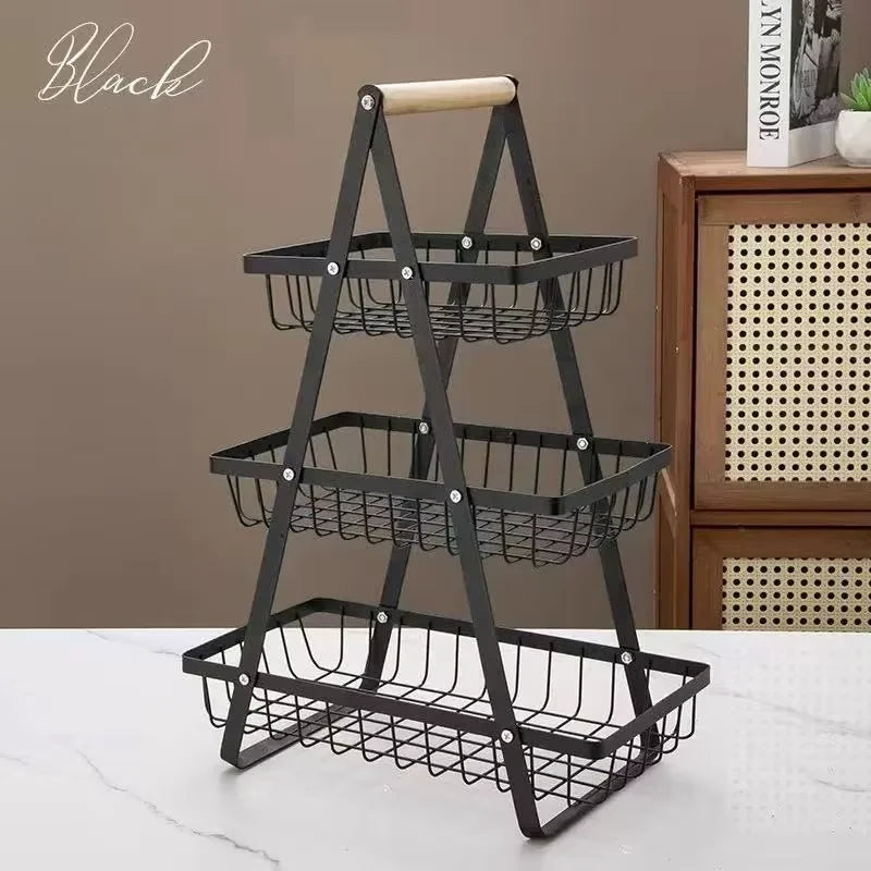2-3 Tiers Countertop Fruit Basket Portable Iron Art Kitchen Organiser for Fruits Bread Snacks Storage Rack