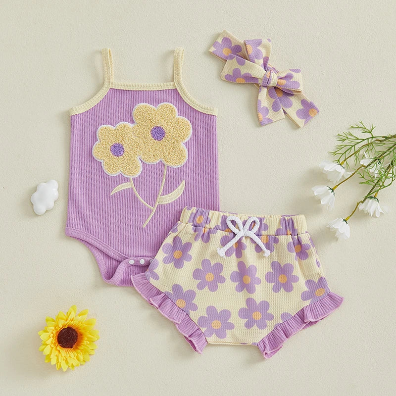 Toddler Girl Summer Outfit Floral Embroidered Sleeveless Bodysuit Elastic Waist Ruffle Shorts Headband 3 Piece Set for Baby Girl