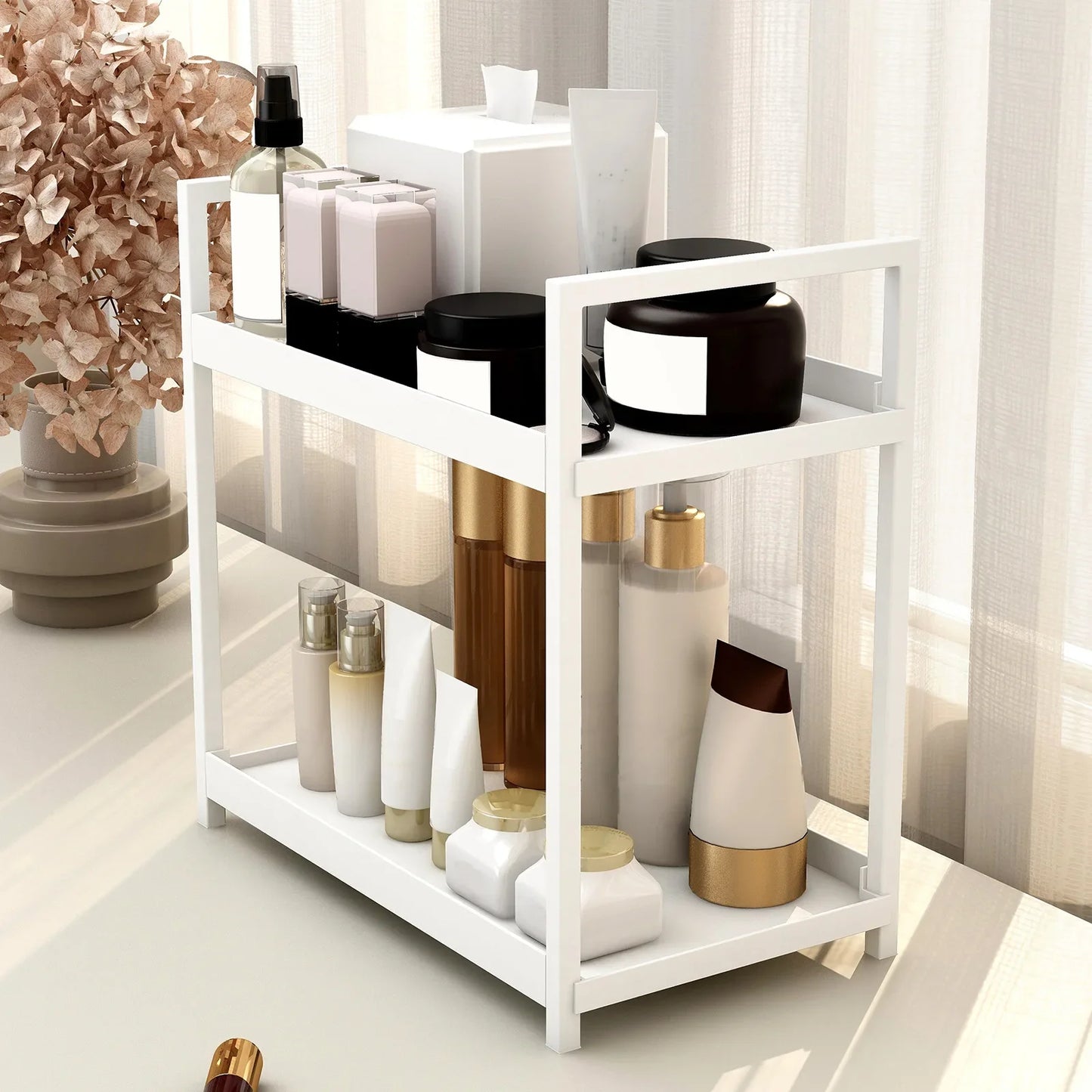 2 Tier Under Sink Organiser Sliding Cabinet Basket Organiser Storage Rack with Hooks Hanging Cup Bathroom Kitchen Organiser