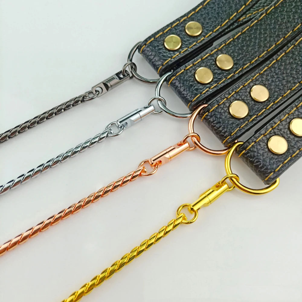Integrated Dog Slip Chain Collar Leash 3Integrated Dog Slip Chain Collar & Leash – 304 Stainless Steel Choke Collar with Leather Handle for Training and Show04 Stainless Steel Dog Metal Choke Collar Pet Training Leash Show with Leather Handle