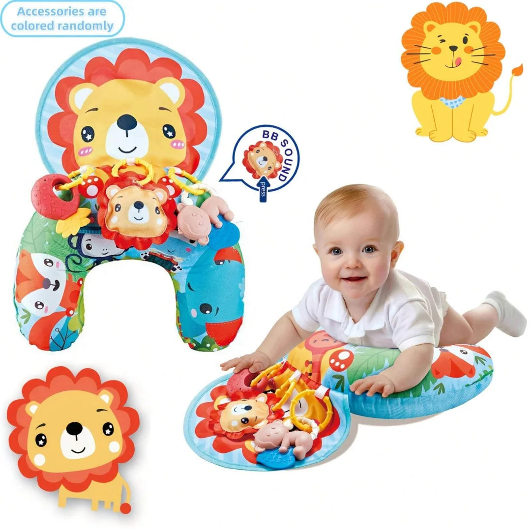Baby Tummy Time Pillow with Rattle Toys, Multifunctional Crawling Mat Play Gym for Infants, Colorful Cartoon Animals Support Cus