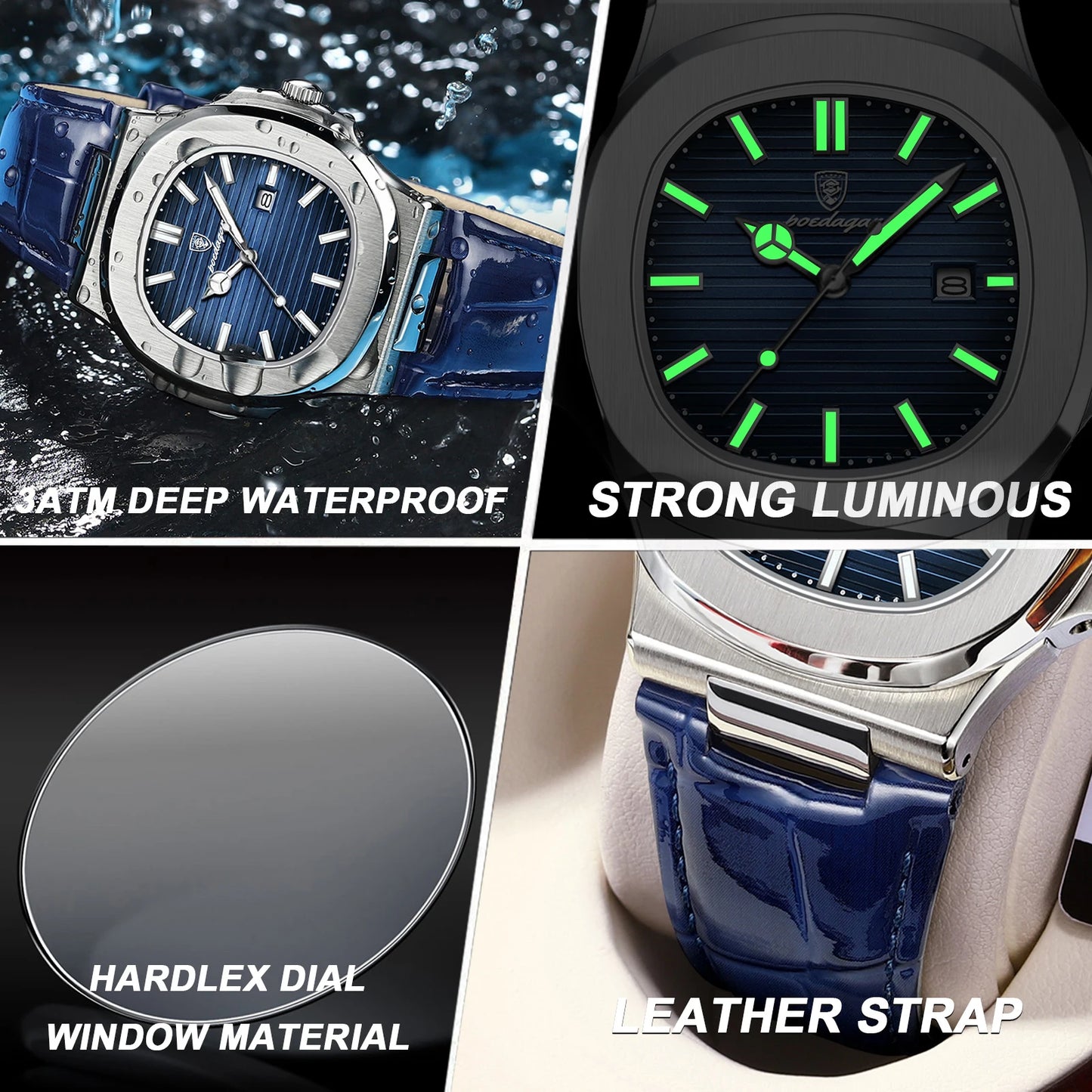 POEDAGAR Luxury Original Man Watch Date Waterproof Luminous Square Men Wristwatch High Quality Leather Men's Quartz Watches Male