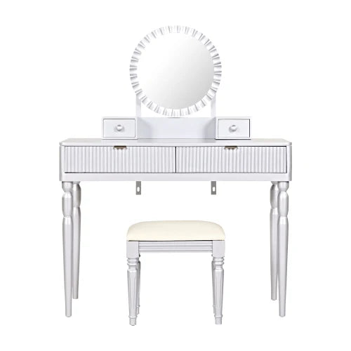 Vanity Desk With Round Mirror Height-Adjustable  Stylish Dressing Table Set  4 Drawers & Stool  Sier