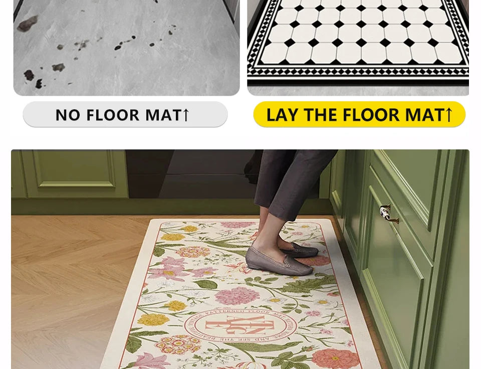 Kitchen Floor Mat Leather Pvc Carpet Waterproof Oil-proof Foot Mats Home Decoration Flower Floral Rug