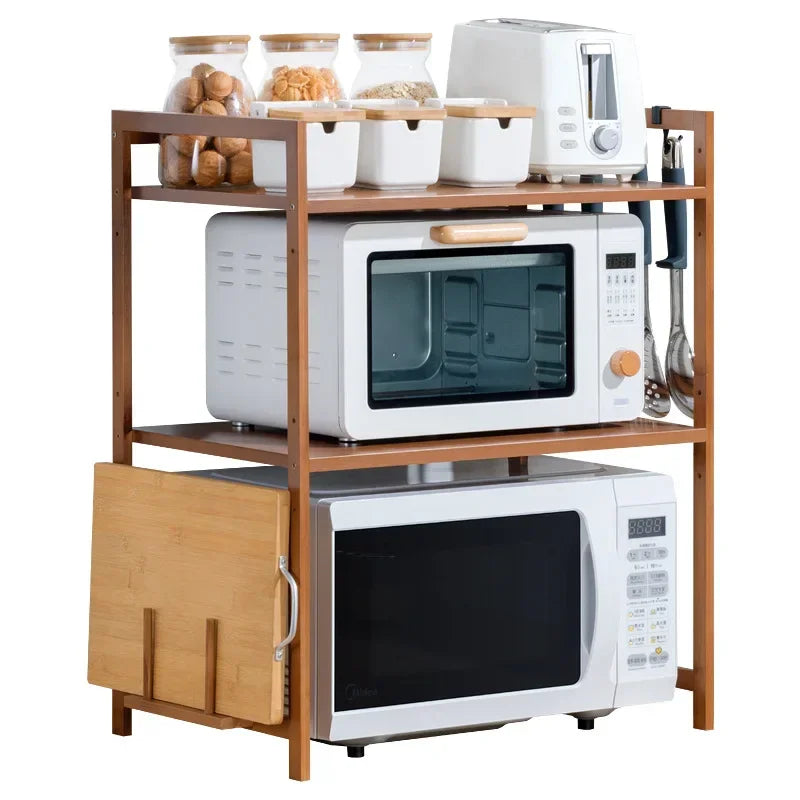 Kitchen Shelf Countertop Double Microwave Oven Shelf Desktop Seasoning Oven Storage Rack Bamboo Solid Wood