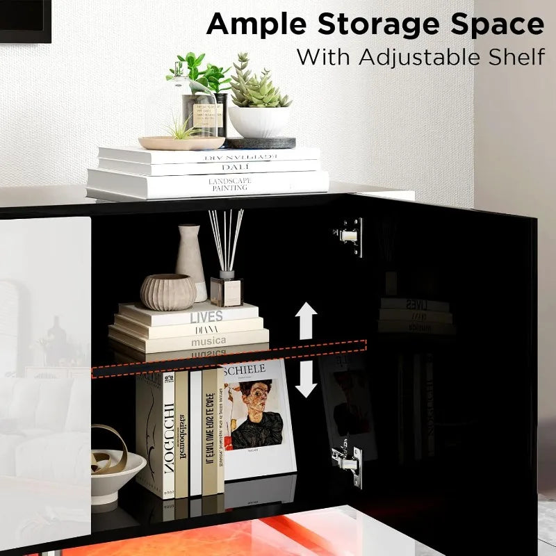 Fireplace TV Stand with 40" Fireplace, 80" Modern High Gloss Entertainment Center LED Lights, U-Shaped Legs TV Console