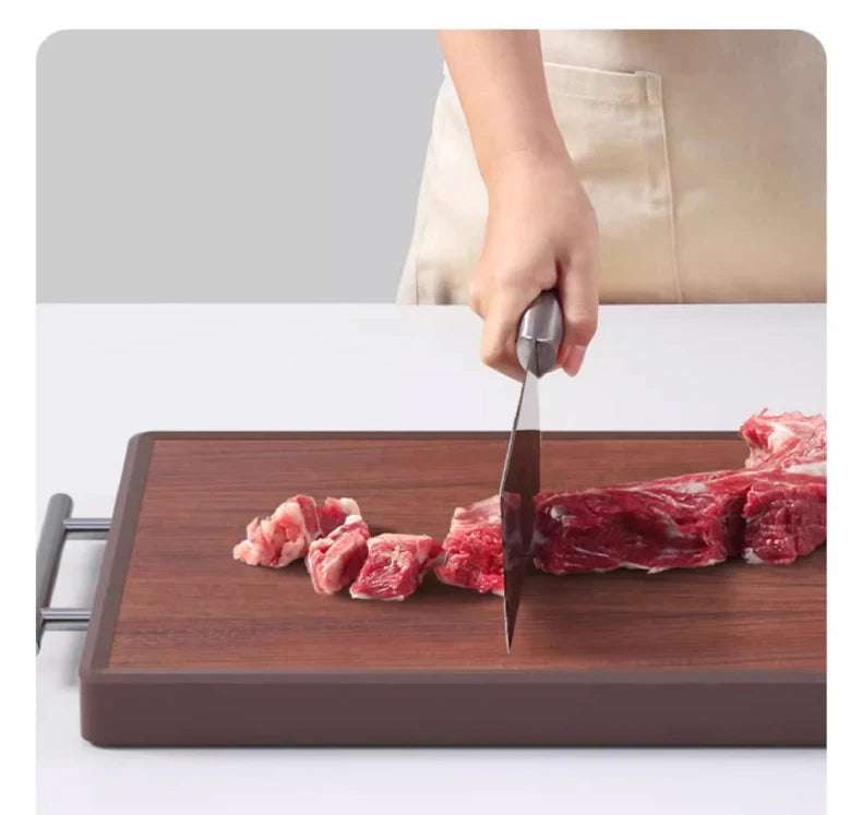Heavy Duty Wooden Cutting Board with Mold-Proof Edge, Double-Sided Butcher Block with Metal Handle, 90-Day Dried Solid Wood