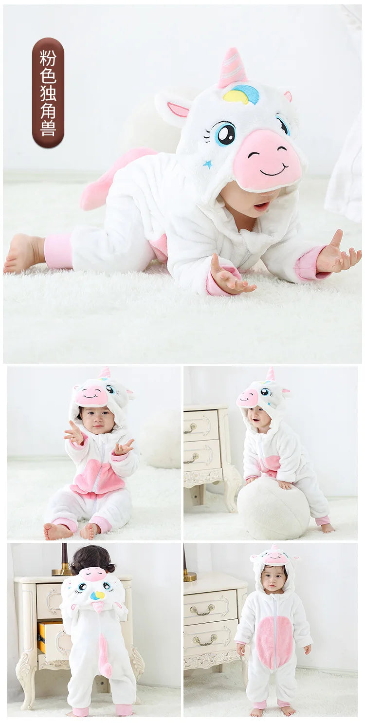 Baby Rompers Kids Cosplay Winter Flannel One-Pieces Hooded Jumpsuits Stitch Jumpers Overall Girl Grows Boy Growings Roupa Bebes